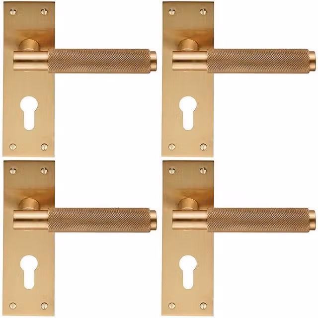 Loops 4x Pair Knurled Round Handles on Slim Euro Lock Backplate, Satin Brass, W: 150 mm x H: 50 mm – 1