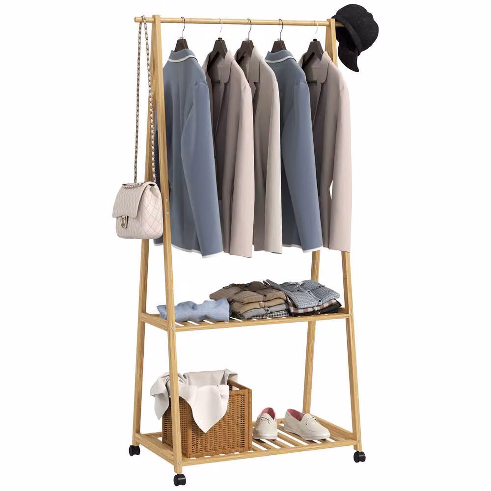 HOMCOM Bamboo Clothes Rail Rack with 2 Storage Shelves in Brown Wood Effect, H 158 x W 84.5 x D 43.5 cm – 2
