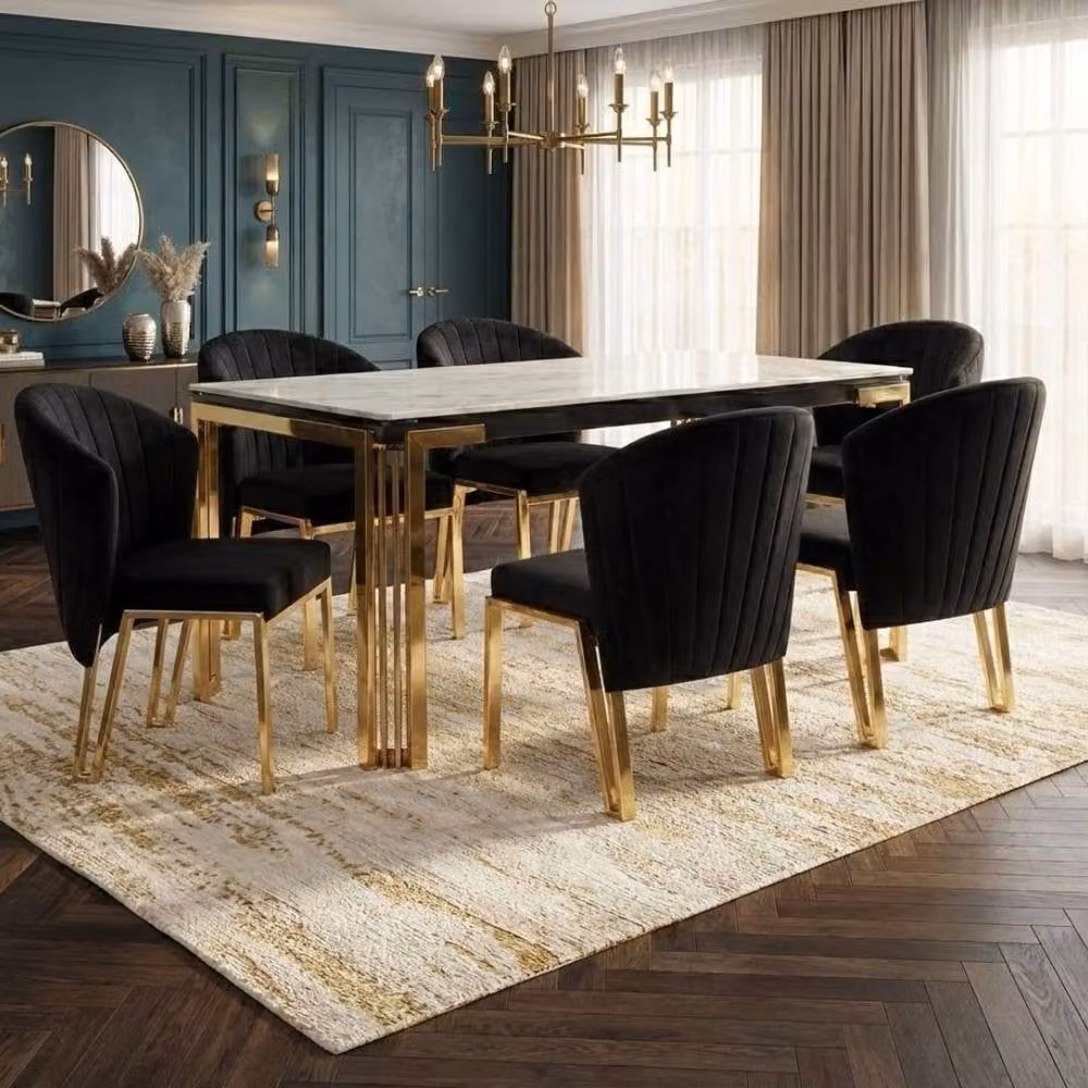 HOME LUXE INTERIOR Sorrento 180cm White Marble and Gold Dining Table with 6 Fabio Black Chairs – 4