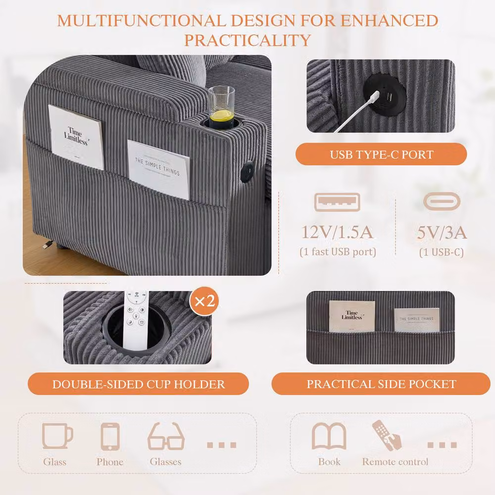 Matteo Grey Fabric 4-Seater U-Shape Sofa with Pull-Out Bed, Storage, Cup Holders and USB Charging – 5