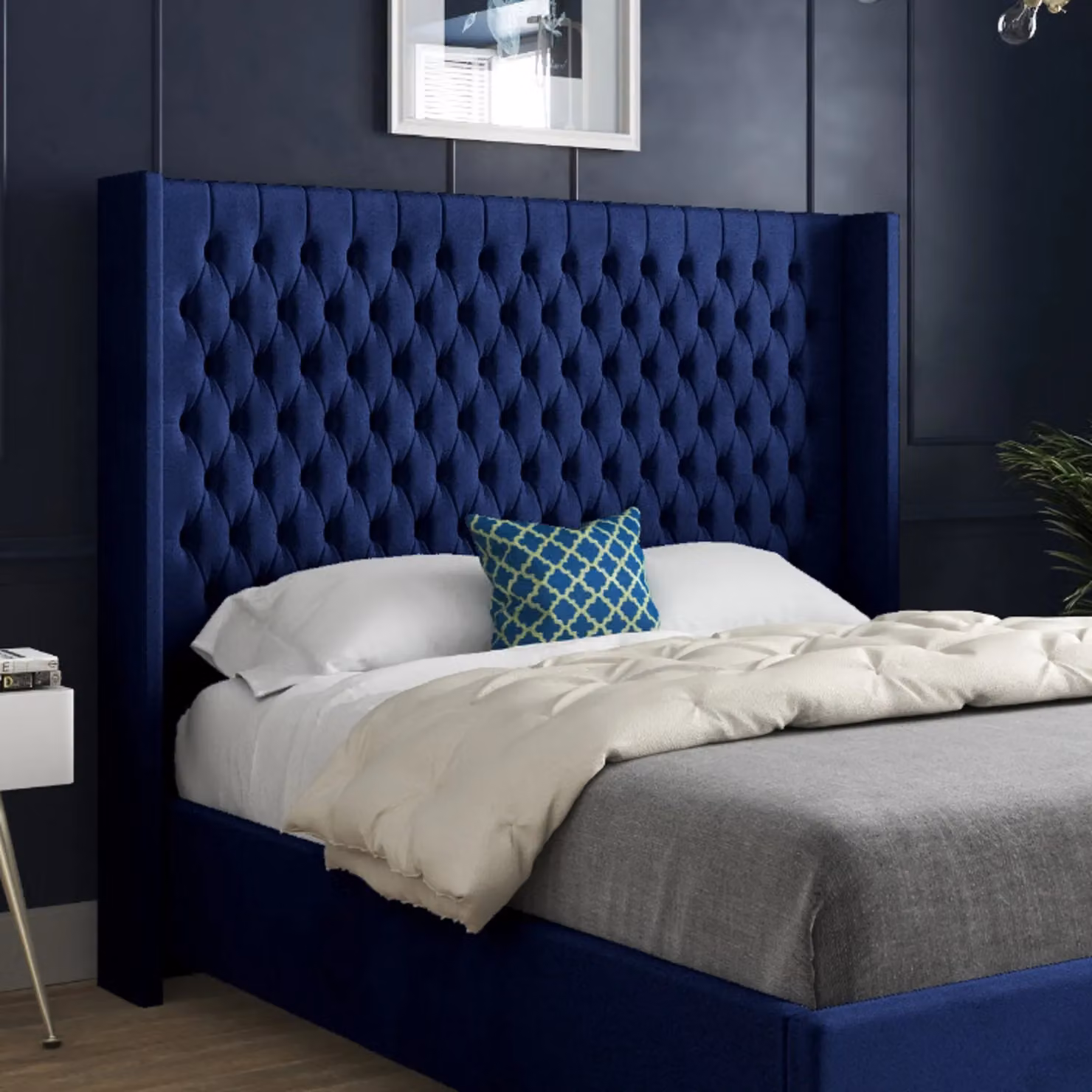 Casani Volta Straight Winged Upholstered Velvet Bed Frame in Blue, W/D/H: 137 x 128 x 200 cm – 2