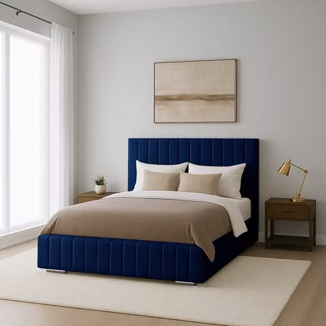 Desire Deco Ammara Modern Upholstered Velvet Bed Frame, Blue, 140 x 200 cm