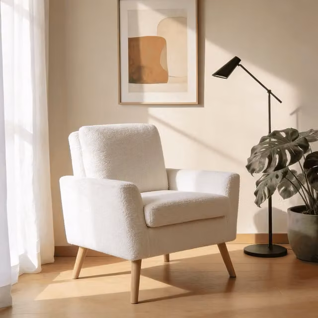 Home Source Modern White Bouclé Fabric Accent Chair with Armrests