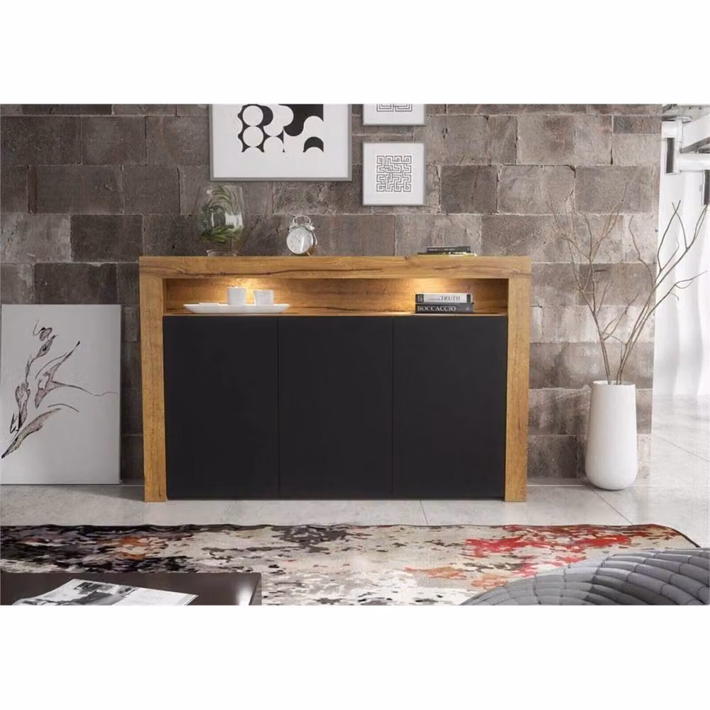 PAWNORA Modern Oak Matt Body and Black Matt Doors TV Stand Sideboard in Brown with Integrated Lighting – 2
