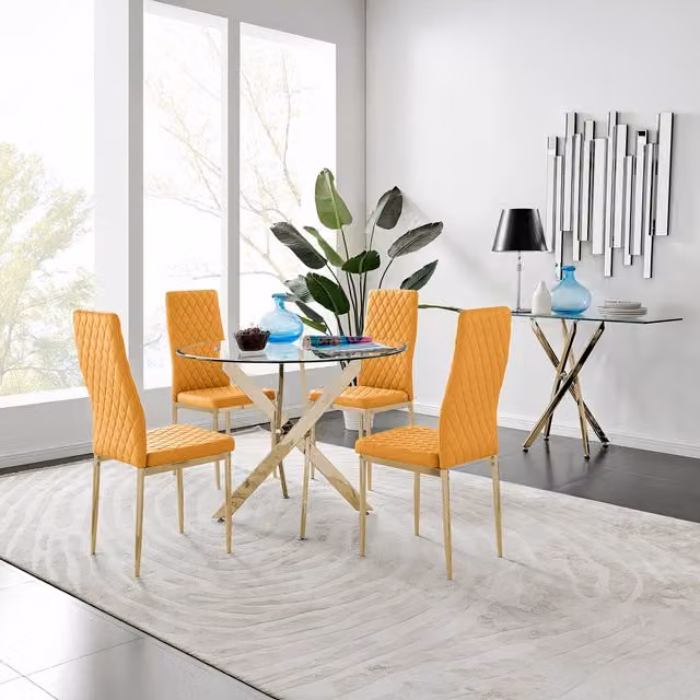 FurnitureboxUK Novara Round Glass Dining Table and 4 Milan Chairs in Gold and Mustard