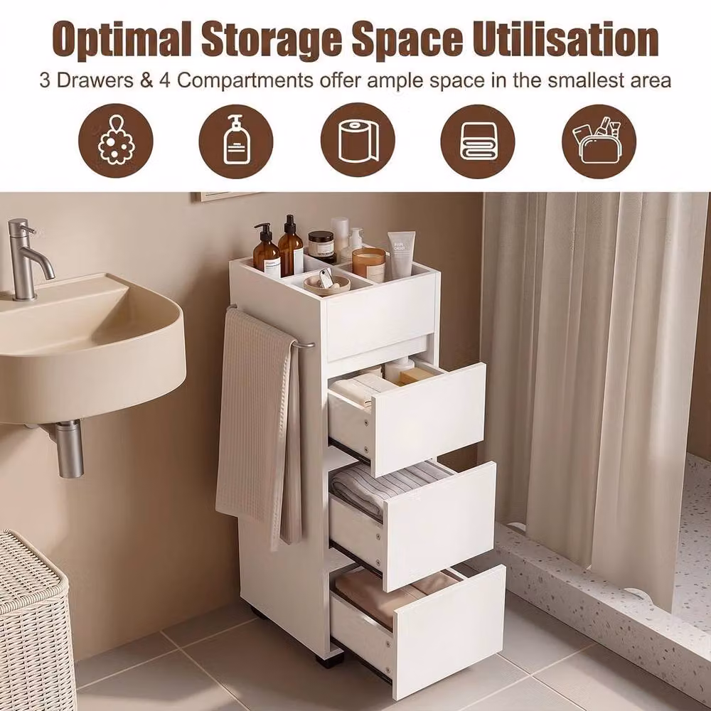 EONLION Narrow White Bathroom Cabinet with 3 Drawers, H 90.0 x W 30.0 x D 30.0 cm – 4