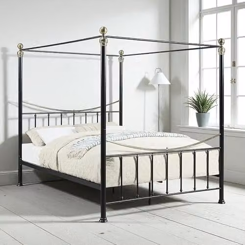 OAT Home Marylebone Traditional Victorian Style Four Poster Metal Bed Frame, Black, King Size, H 182 cm x W 180 cm x D 200 cm