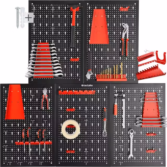 tectake Jonah Steel Tool Pegboard with Hooks and Holders, Black and Red, W: 200 cm