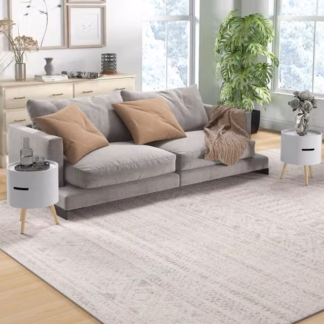 HOMCOM Round Side Coffee Table and Night Stand with Detachable Tray in White – 1
