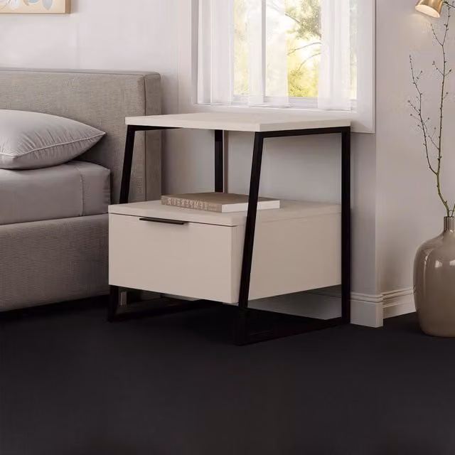 FWStyle Sandstone 1 Door Bedside Table with Black Metal Frame