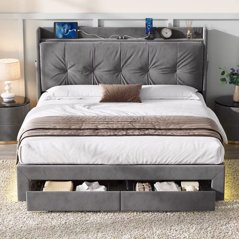 Rolipo King Size Grey Velvet Ottoman Bed Frame with LED Lighting, Storage and USB Ports, W/D/H: 180 x 200 cm – 3