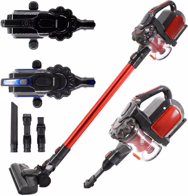 AREBOS 2-in-1 Bagless Hand and Floor Vacuum Cleaner with LED Headlight, Red