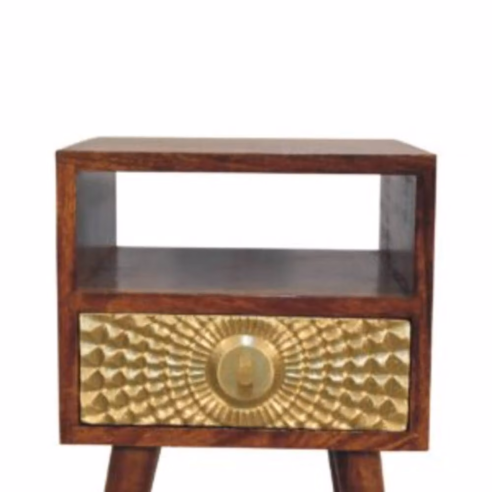 Wyld Haus Megeve Eden Mini Bedside Table in Brown Solid Mango Wood with Gold Brass Drawer – 3