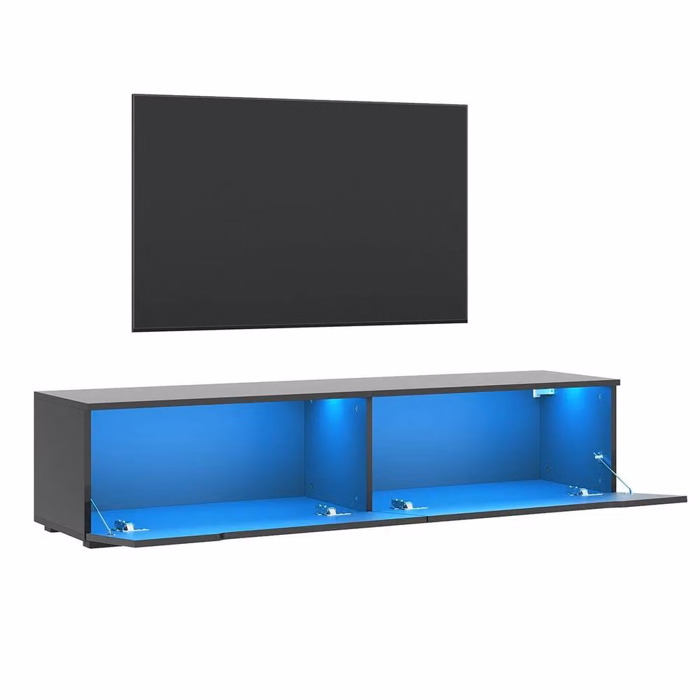 FORGEVIO Modern Black Glossy Floating TV Stand Unit with Integrated Lighting and Media Compartments – 2