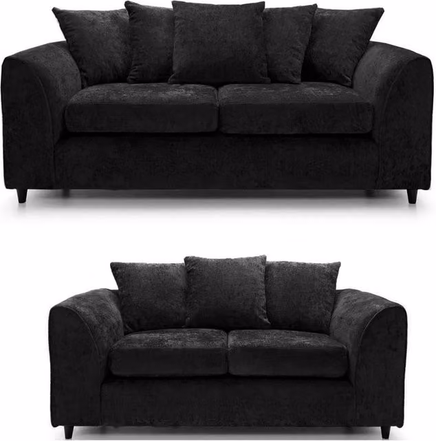 LUXURY LIFE Declan Black Chenille Fabric 2 Seater Sofa Set with Solid Wood Frame and Scatter Cushions