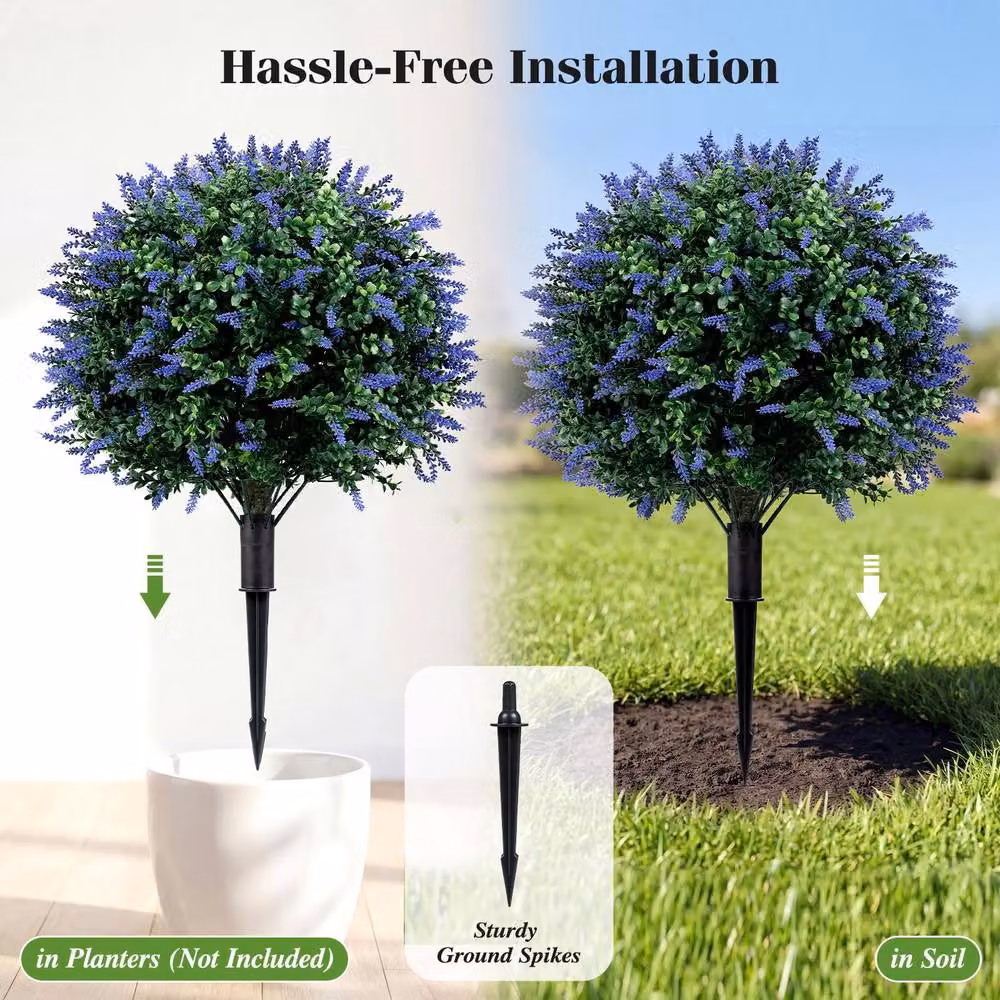 Costway Set of 2 Artificial Lavender and Boxwood Topiary Ball Trees in Green, Purple and Multicolour – 6