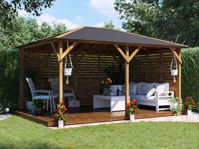 Dunster House Utopia Wooden Gazebo with Louvre Wall and Bitumen Shingles, Brown, W: 400 cm, D: 300 cm
