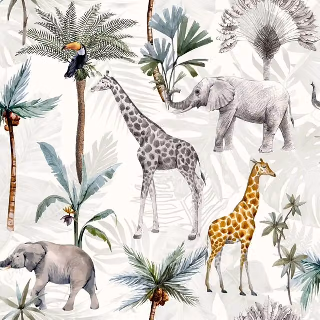 Erfurt Jungle Animals Botanical Wallpaper in Green, Grey, Yellow and White