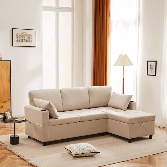 Aosom UK Beige Linen Look L-Shaped 3 Seater Corner Sofa Bed with Storage, Cup Holders and Magazine Pockets, W/D/H: 212 x 141 x 87.5 cm – 1