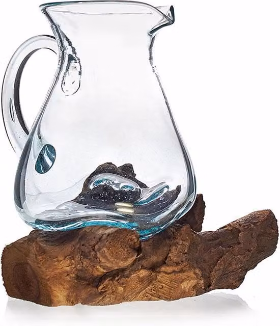 KDMD Molten Glass on Wood Water Jug in Brown and Transparent