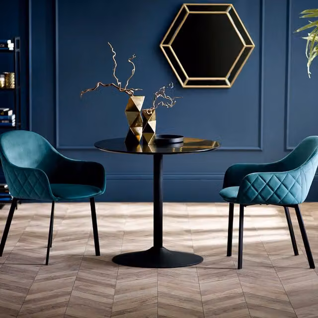 Julian Bowen Nero Round Glass Dining Table and 2 Chairs Set in Black and Petrol