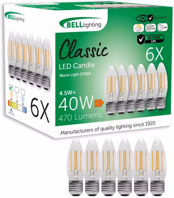 British Light Works E27 Dimmable LED Filament Candle Light Bulbs, 4.5W, 2700K Warm White, Pack of 6