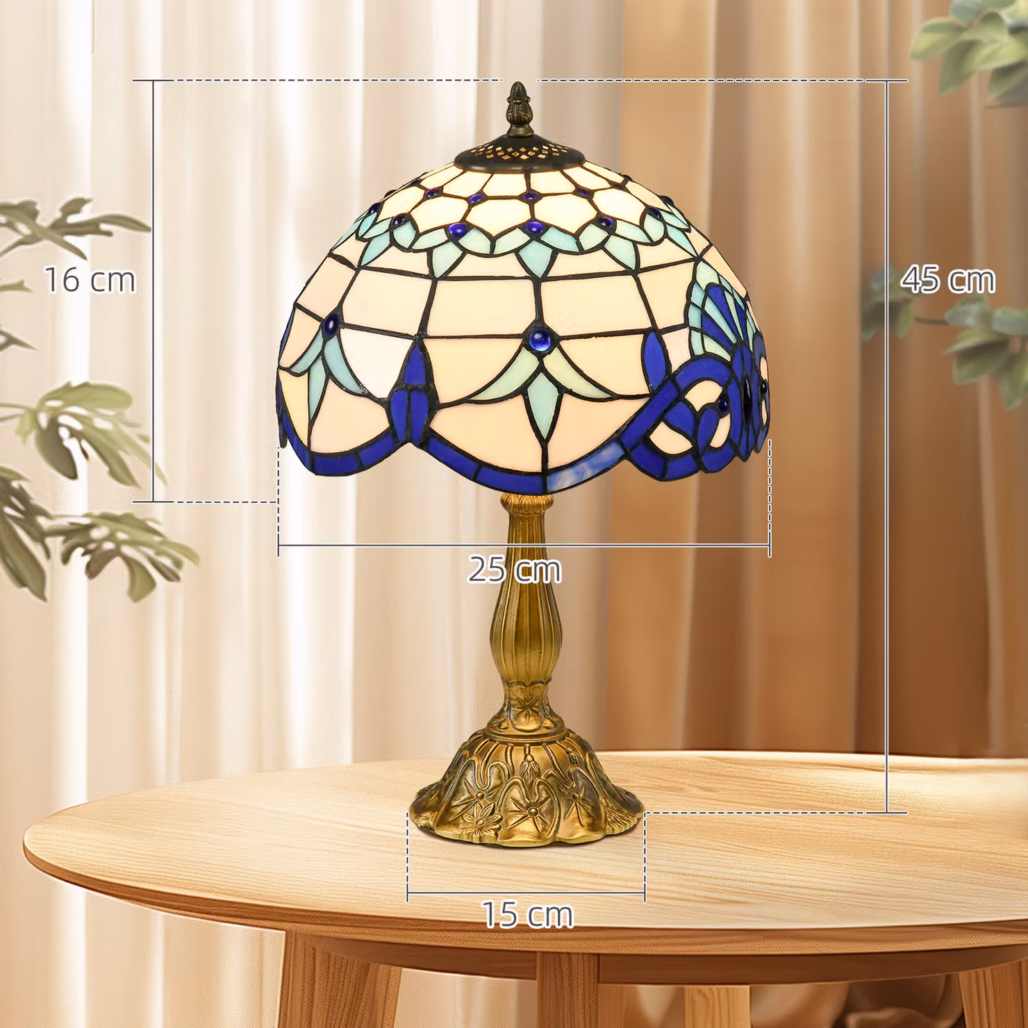 HOMCOM Antique Stained Glass Table Lamp in Blue and Gold/Brass, Decorative Handmade Bedside Night Light for Bedroom and Living Room – 3