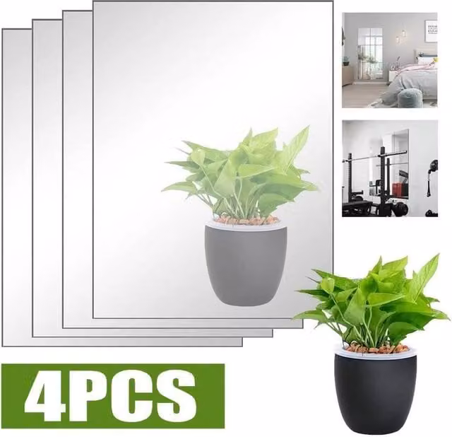 FLAVORA 4-Piece Self-Adhesive HD Stick-On Mirror Sheets, Silver, W: 40 cm, H: 30 cm