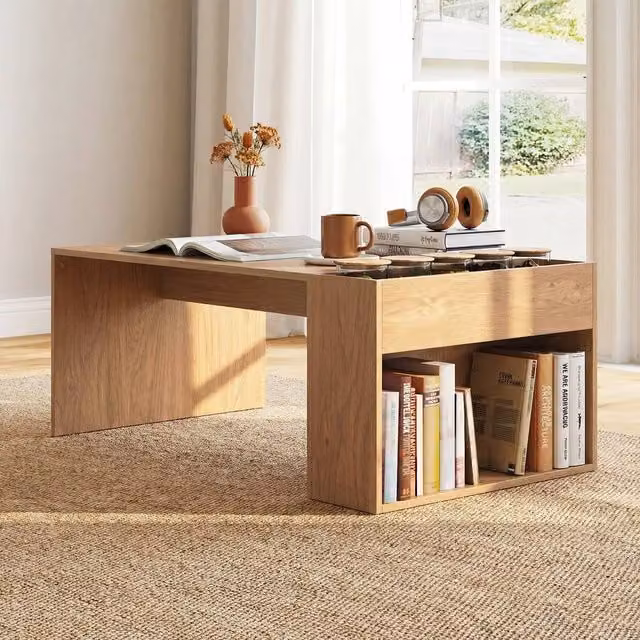 FORGEVIO Brown Wood Coffee Table with Double-Layer Storage