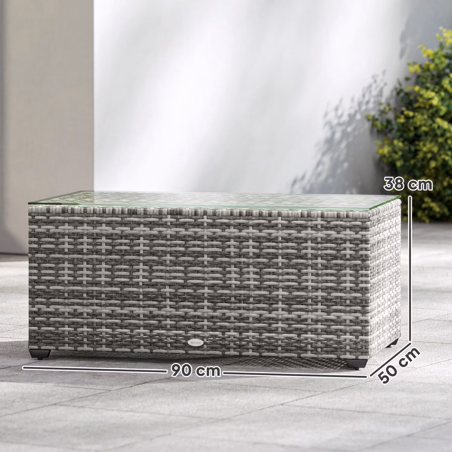 Outsunny Grey Rattan Garden Side Table with Glass Top, W: 90 cm, D: 50 cm, H: 38 cm – 3