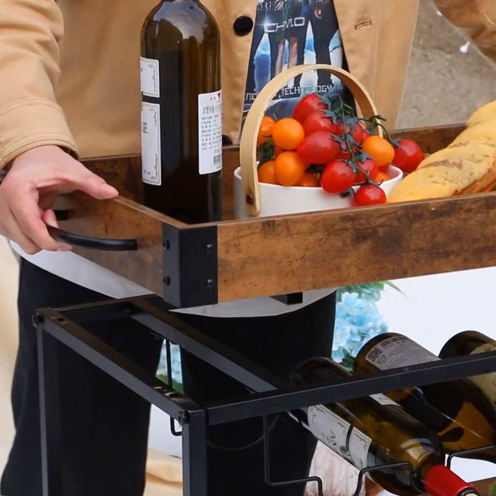 Huhote Brown Bar Cart with Wine Rack and Glass Shelves and Wheels – 6