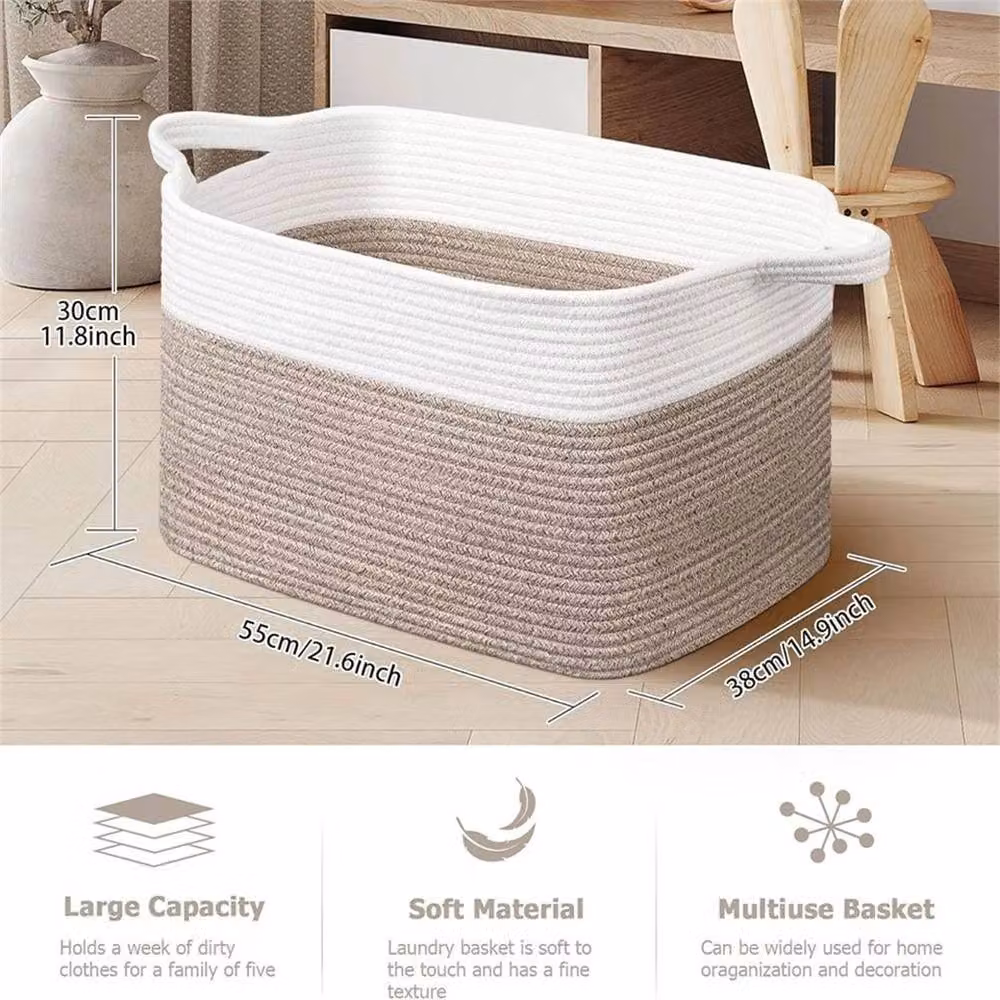 Nordara Woven Cotton Rope Laundry Basket Storage Bin with Handles, White and Brown, W: 38.0 cm, D: 30.0 cm, H: 55.0 cm – 3