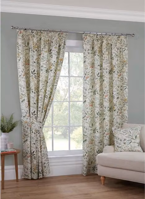 Sundour Cleo Floral Fully Lined Pencil Pleat Curtains and Cushion Cover in Willow Multicolour
