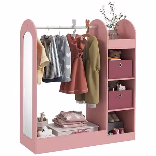 AIYAPLAY Kids Clothes Rail with Storage and Mirror in Pink