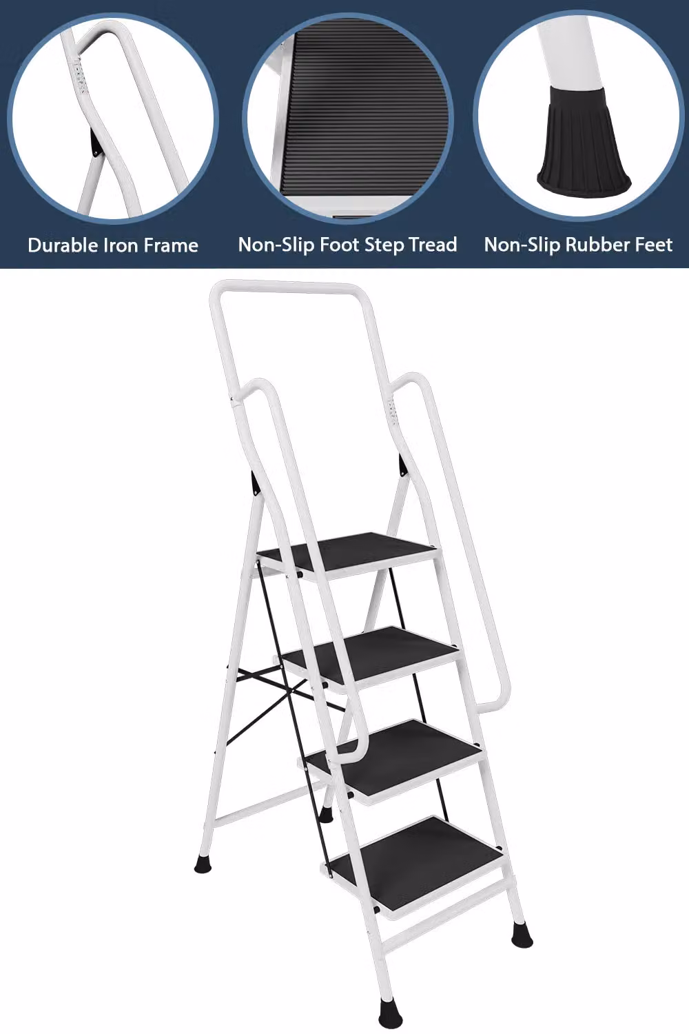 Home Discount Vida 4 Step Folding Ladder with Handrail and Anti-Slip Mat in White – 4