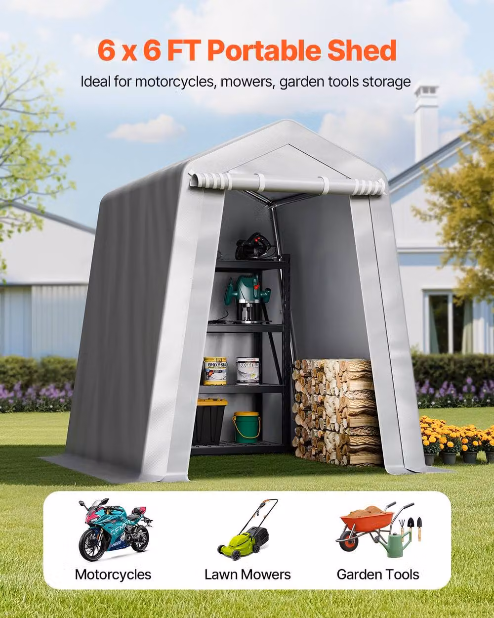 VEVOR Grey Waterproof Outdoor Storage Shed with Galvanised Steel Gable Roof and Sliding Doors – 2