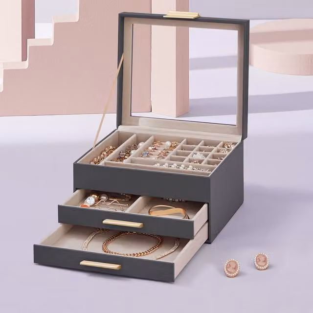 SONGMICS 3-Layer Jewellery Organiser Box with Lid and 2 Drawers, Grey