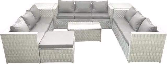 Fimous 10 Seater Rattan Garden Furniture Set with Coffee Table, Large Footstool and 2 Side Tables in Light Grey