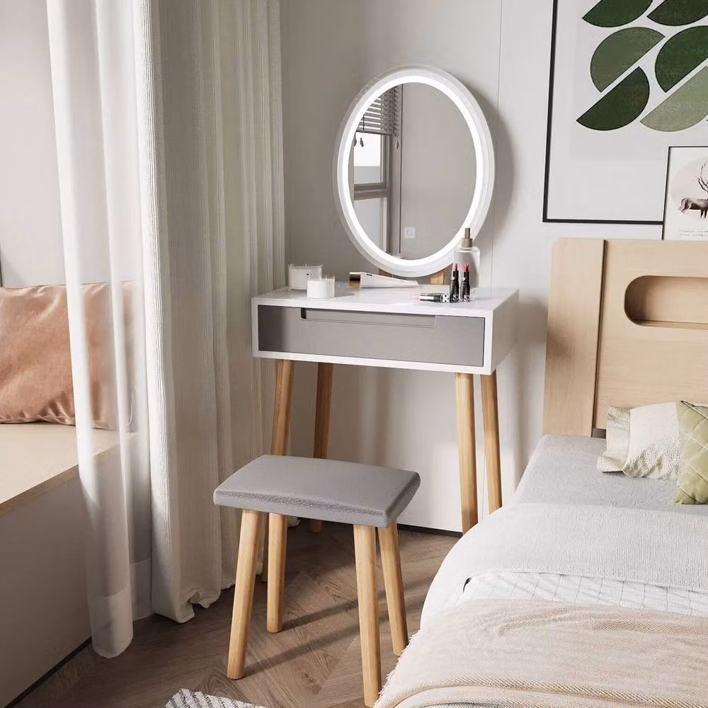 FORGEVIO Modern White Dressing Table Vanity Set with Hollywood LED Light Mirror and Stool – 2