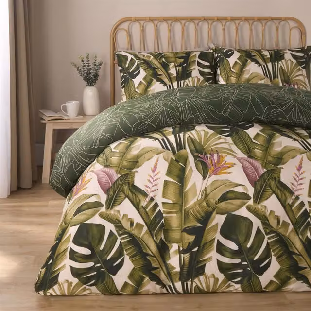 OHS Tropical Green Reversible Duvet Cover Set with Matching Pillowcases, King Size, 220 x 220 cm – 1