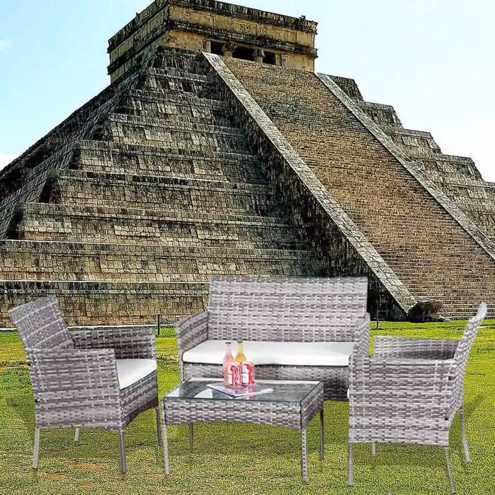 FLAVORA 4 Piece Grey Rattan Garden Furniture Set with Table and Chairs – 4