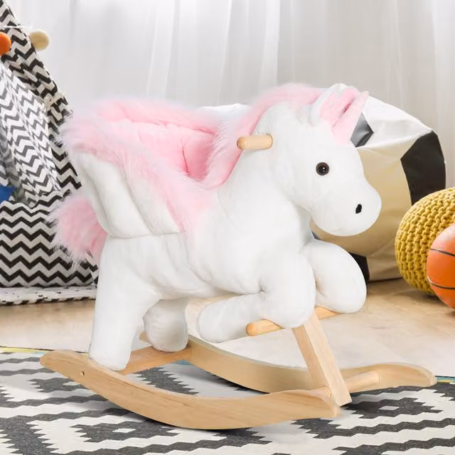 HOMCOM Kids Pink and White Plush Unicorn Wooden Rocking Horse