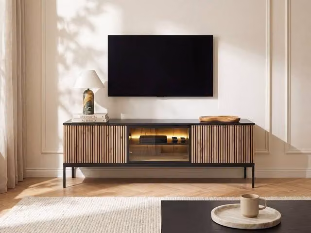 Vente-unique Modern 3-Door TV Stand with LEDs in Black MDF and Smoked Glass W/D/H: 153.4 x 39.0 x 56.2 cm – 1