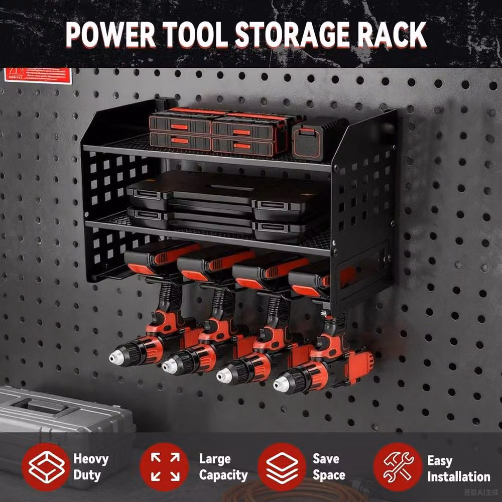 VOGREX Black and Red 3-Tier Wall Mounted Heavy Duty Stainless Steel Power Tool Storage Organizer – 3