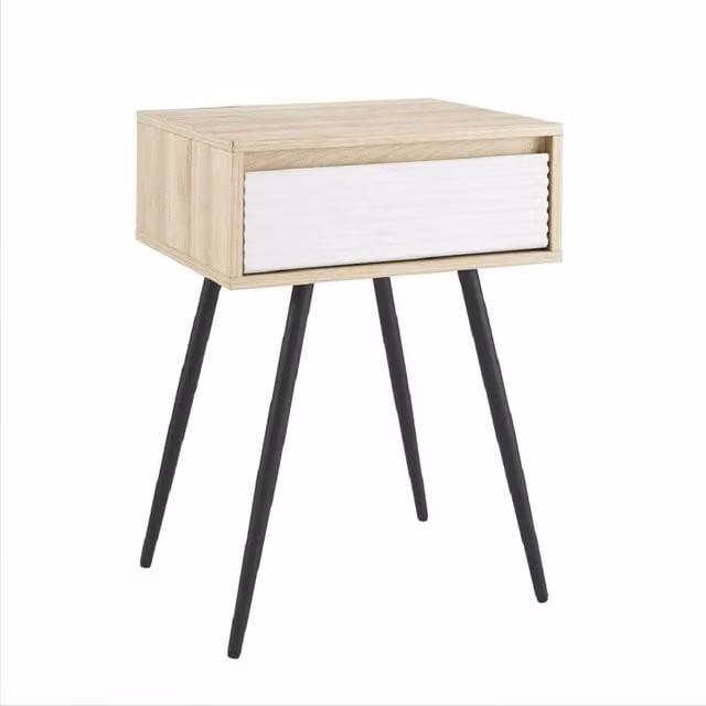 EONLION Fluted Bedside Table with Drawer in Beige and White, W/D/H: 40.64 x 45.0 x 63.5 cm