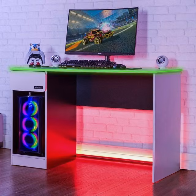 X Rocker CARBON-TEK White Gaming Desk with LED Lights