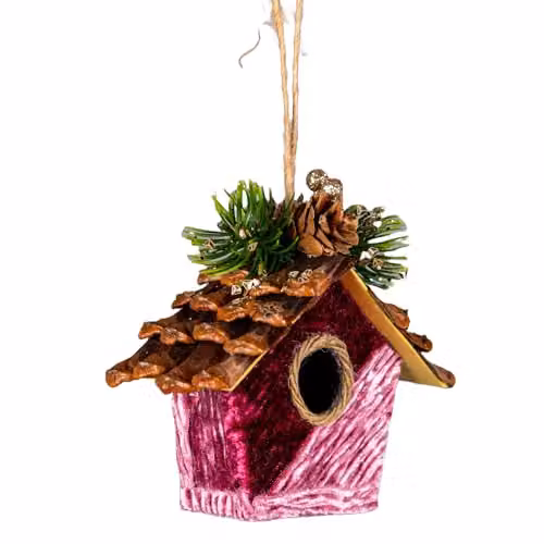 SHATCHI 3-Piece Pink and Gold Birdhouse Christmas Tree Hanging Decorations, W/D/H: 10 x 10 x 11 cm – 4