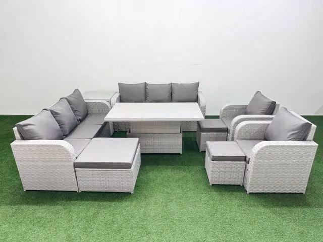 Fimous Grey PE Rattan Patio Lounge Set with 3 Seater Reclining Sofa, 3 Stools, and Adjustable Lifting Coffee Table