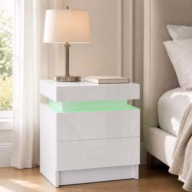 STILVORA White Glossy Bedside Table with 2 Drawers and Integrated LED Lighting