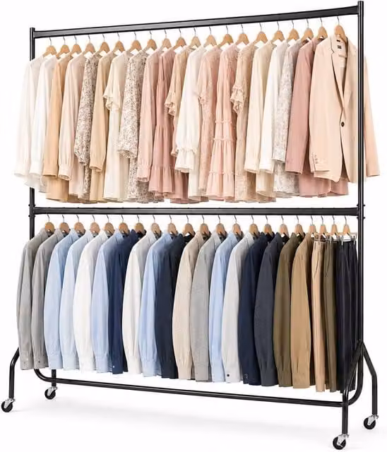 House of Home Two Tier Heavy Duty Metal Clothes Rail Garment Hanging Rack, Black, H: 182.88 cm x W: 152.4 cm – 1